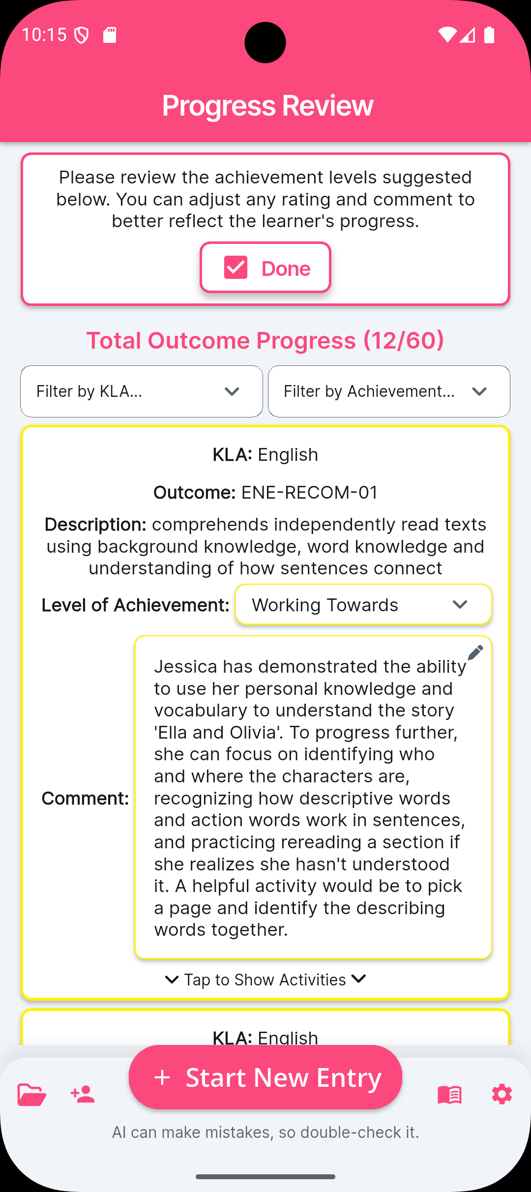 Review learner progress with achievement levels